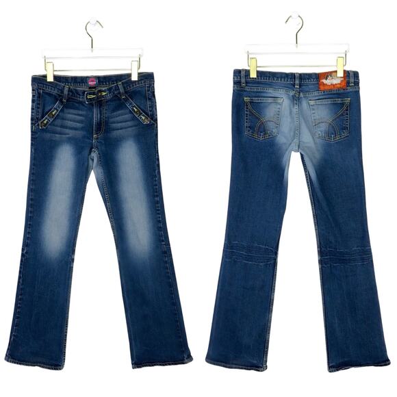 Y2k Vintage Fiorucci Angels Patch Low Rise Distressed Flared Jeans Size 11 29" - Picture 1 of 9